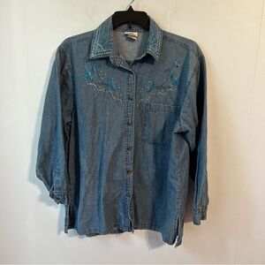 Embroidered Denim Shirt with Beaded Details women’s 1x. Dolphin bedazzled ocean.